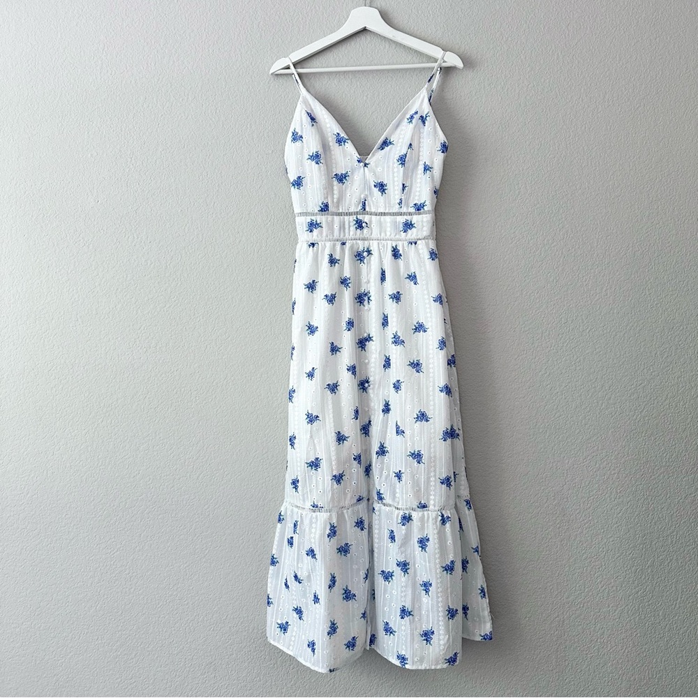 Floral Blue and White Embroidered Maxi Dress - Picture 7 of 11